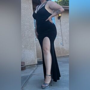 Black Velvet Strappy Dress with Side Slit Size 13